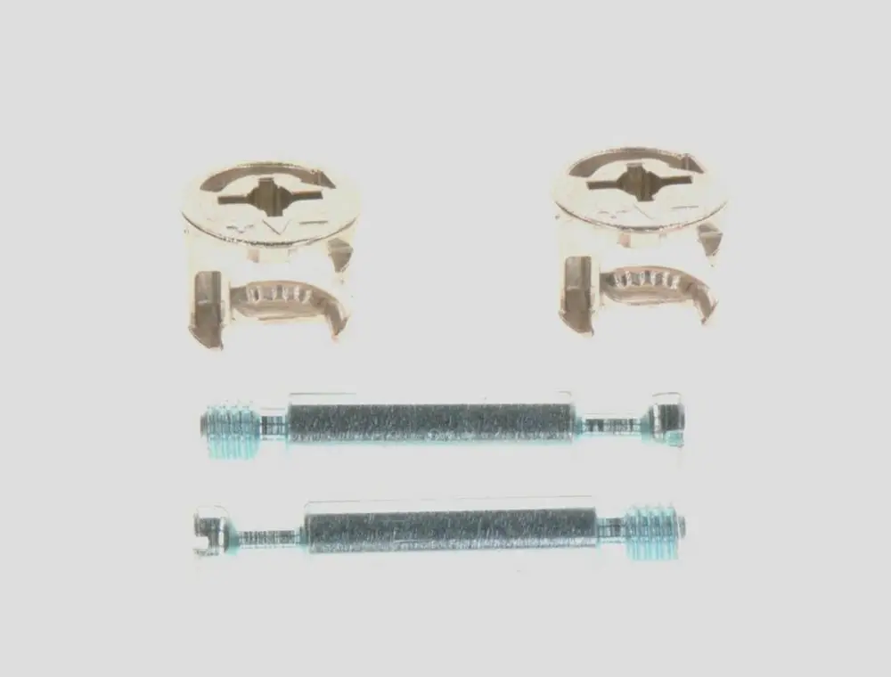 Montageset von Bosch, bestehend aus zwei Halterungen und zwei Schrauben. Die Halterungen sind in einem hellem Farbton und die Schrauben sind metallisch.